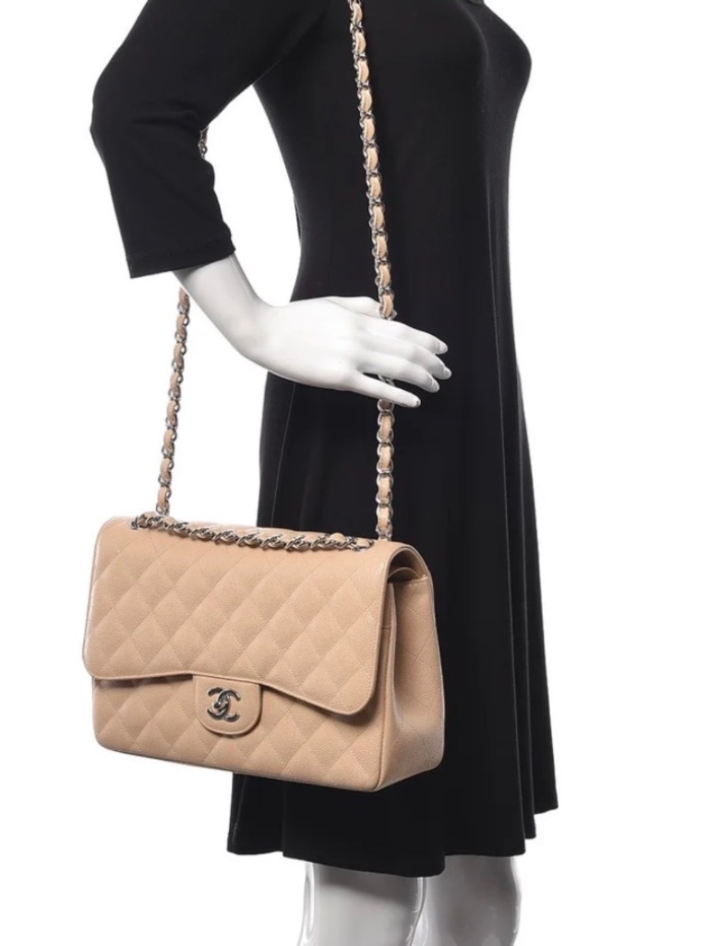 Chanel Caviar Quilted Jumbo Double Flap Beige Claire
